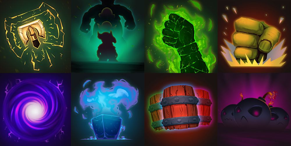 Acht 2D Icons verschiedener Spielerfähigkeiten aus dem Projekt Sin and Glory