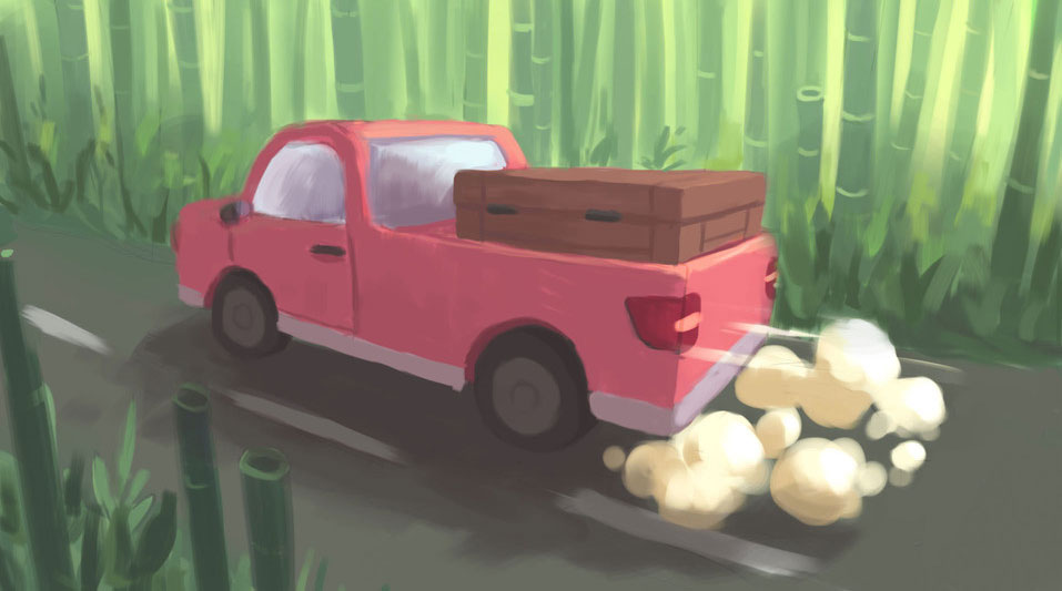 Illustration von einem Auto das durch einen Bambuswald fährt