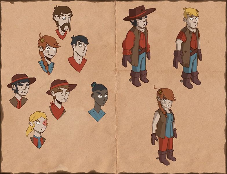 2D Character Concept eines Cowboys und Cowgirls