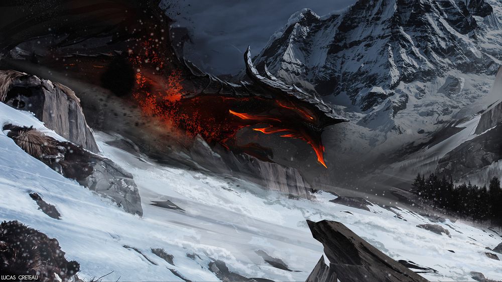 Concept Art eines schwarzen Drachen der über eine verschneite Berglandschaft fegt
