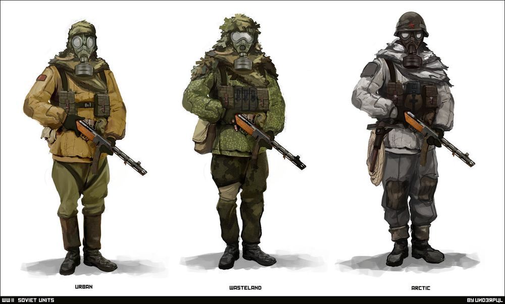 2D Konzepte von Soldaten in drei verschiedenen Tarn- und Schutzanzügen von Lucas Creteau