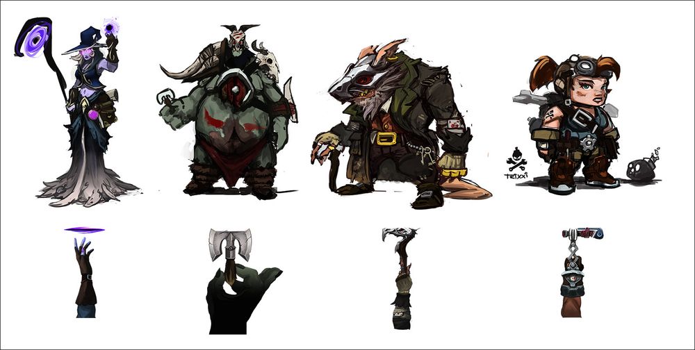 2D Konzepte einer Elfen-Magierin, eines dicken Orcs, eines Goblins mit Helm, einer Zwergin und ihrer Waffen