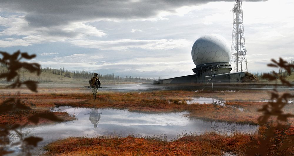 Concept Art mit einem Soldaten im Sumpfgebiet vor einer Radarkuppel von Lucas Creteau