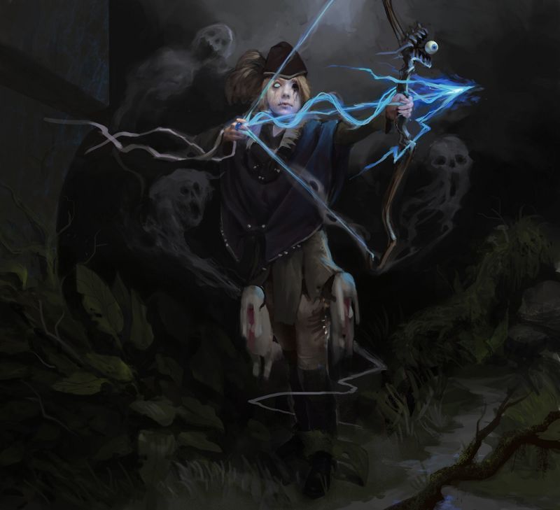 Illustration von einer untoten Jägerin mit gespanntem Bogen und magischem Pfeil von Tim Keil