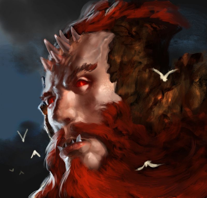 Illustration von dem Kopf eines Riesen mit rotem Bart und Hörnern auf der Stirn