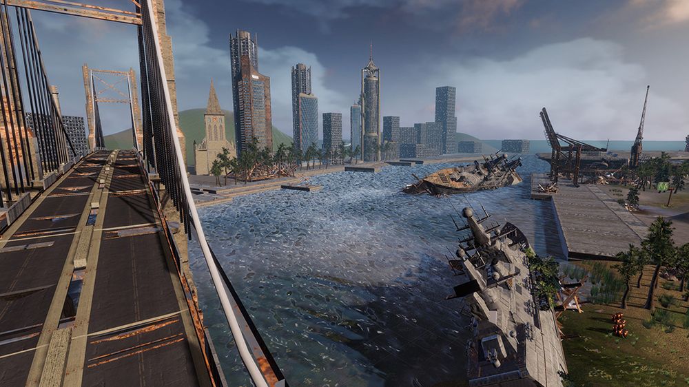 3D Szene Cityskyline mit Kanal, Brücke und Schiff-Wracks