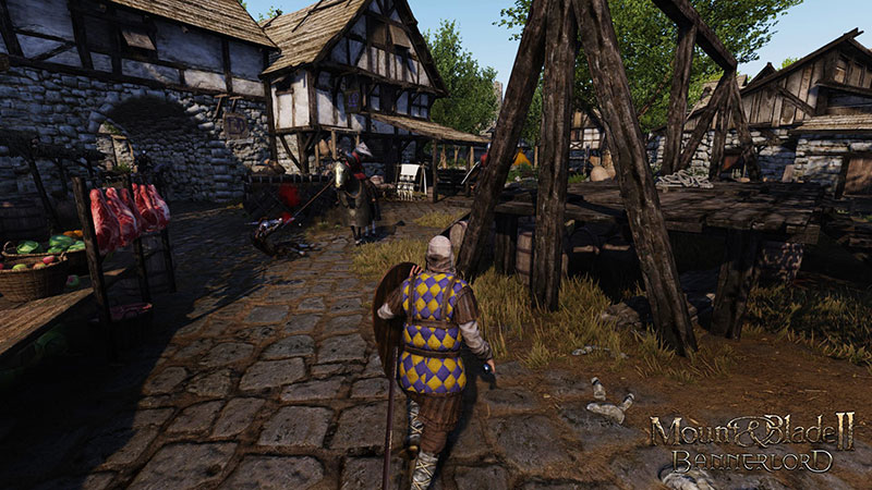 Mount and Blade II Ritter läuft über einen Markplatz in dem Spiel Mount and Blade